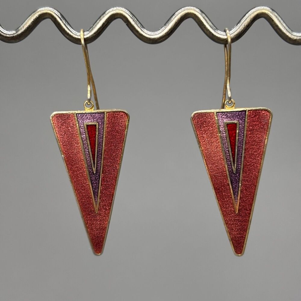 Enamel Dangle Earrings Signed Roman Art Deco Geometric Triangle Drop Red Purple